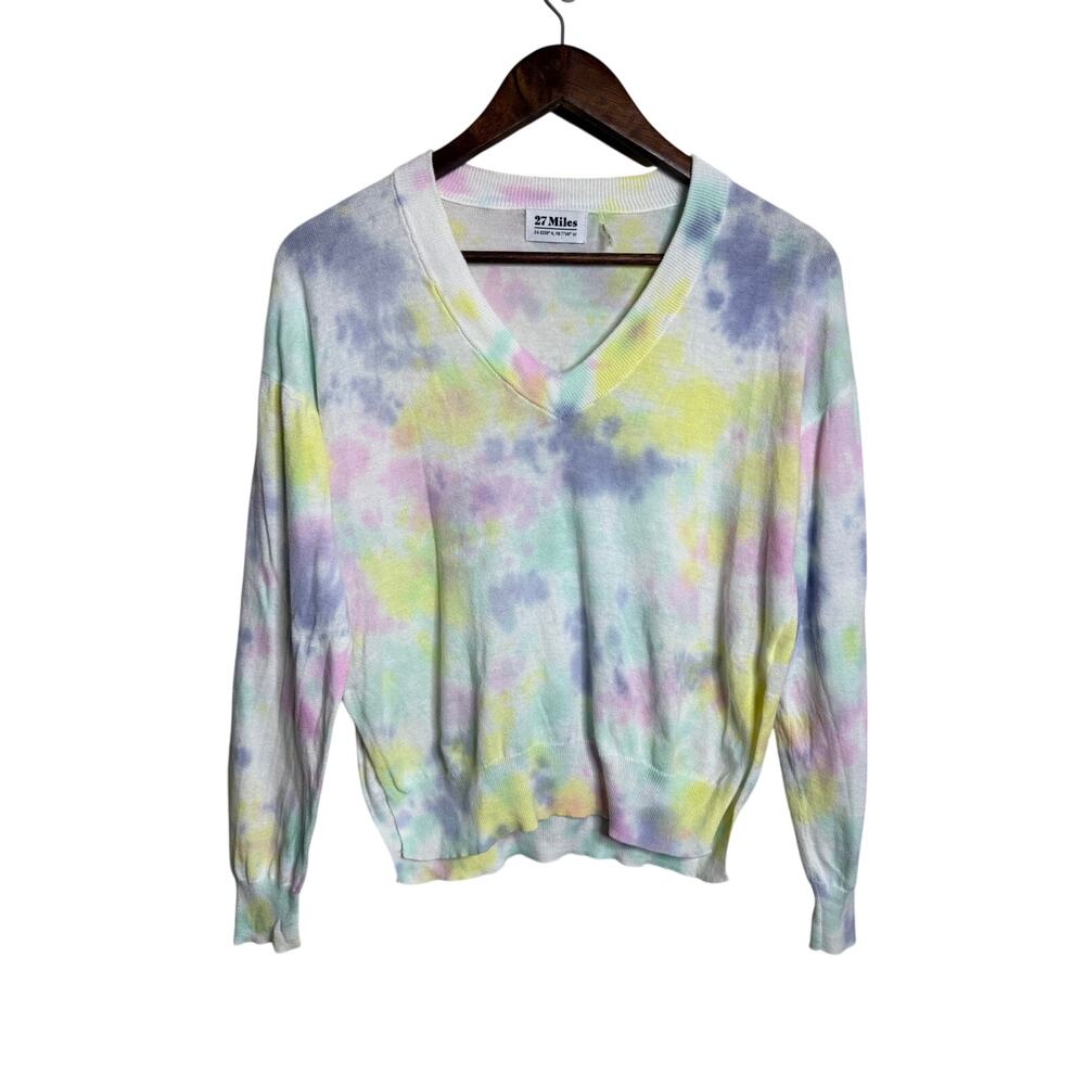 27 Miles Lightweight Pastel Rainbow Tie Dye V Neck Cotton Knit Sweater Small